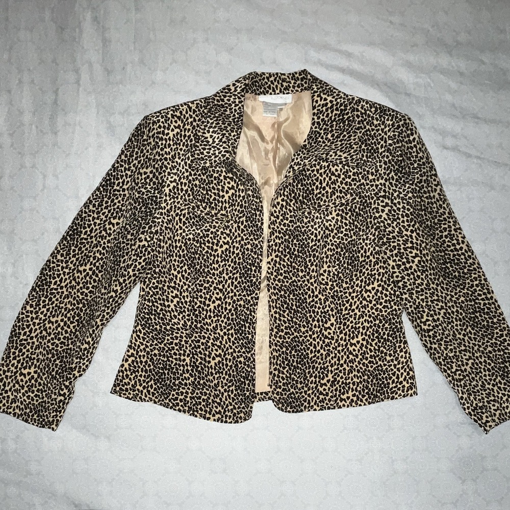 Casual Corner & Co Women's Leopard Print Silk Zip Front Lined Jacket 12